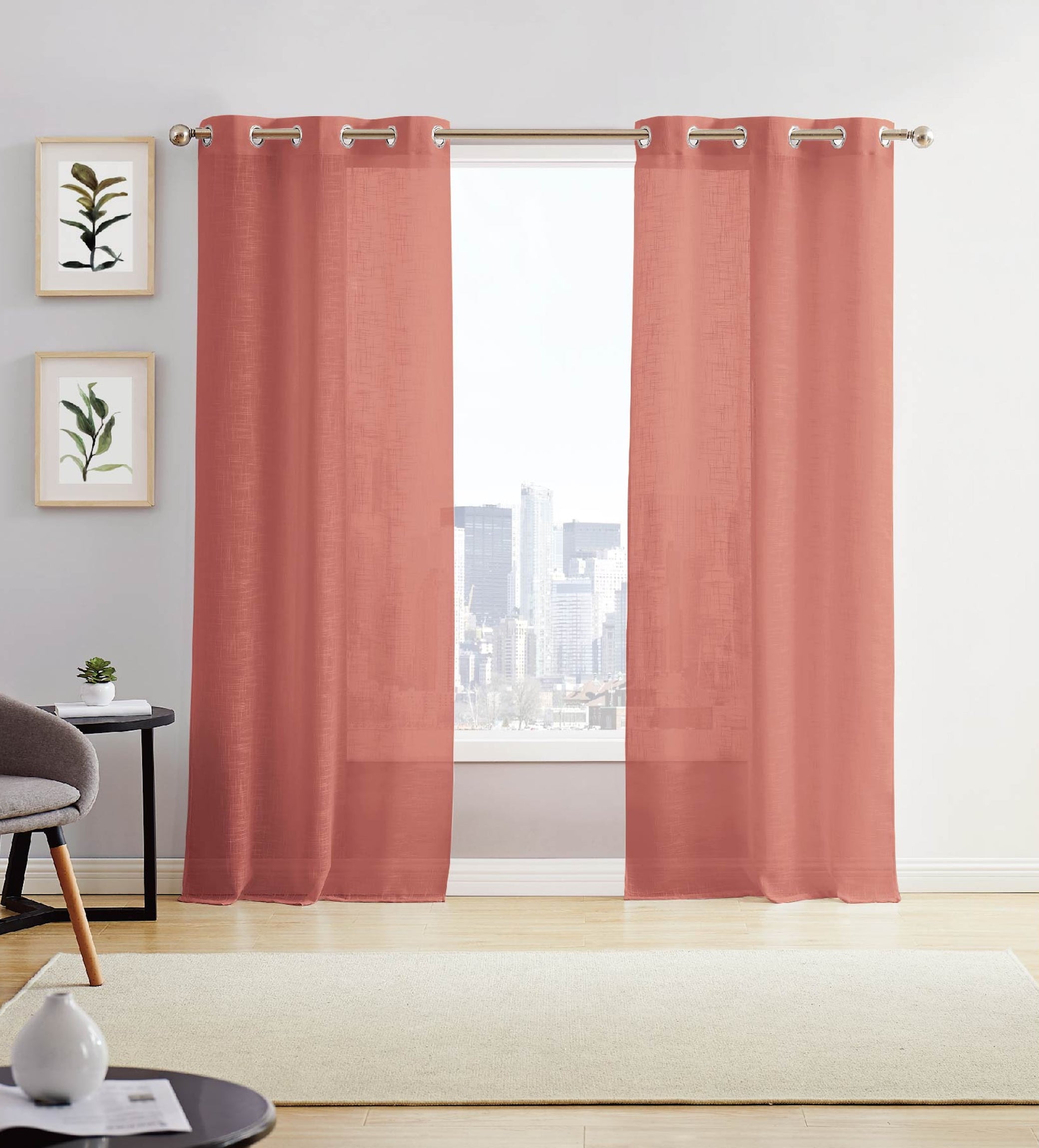 Dainty Home Hannah Solid Design Linen Look Criss-Cross Designed Linen Textured Light FilteringGrommet Panel Pair 76" x 96'' In Shrimp