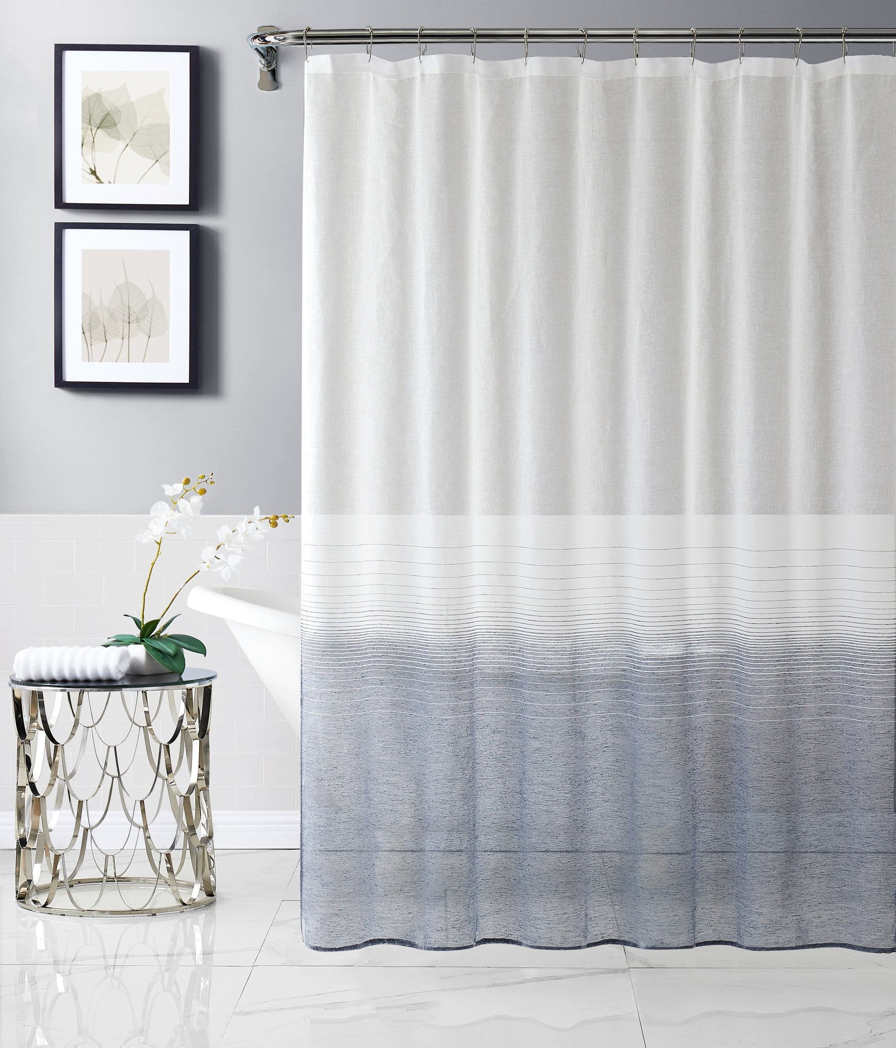 Navy and White Ombre Linen Look Fabric Shower Curtain