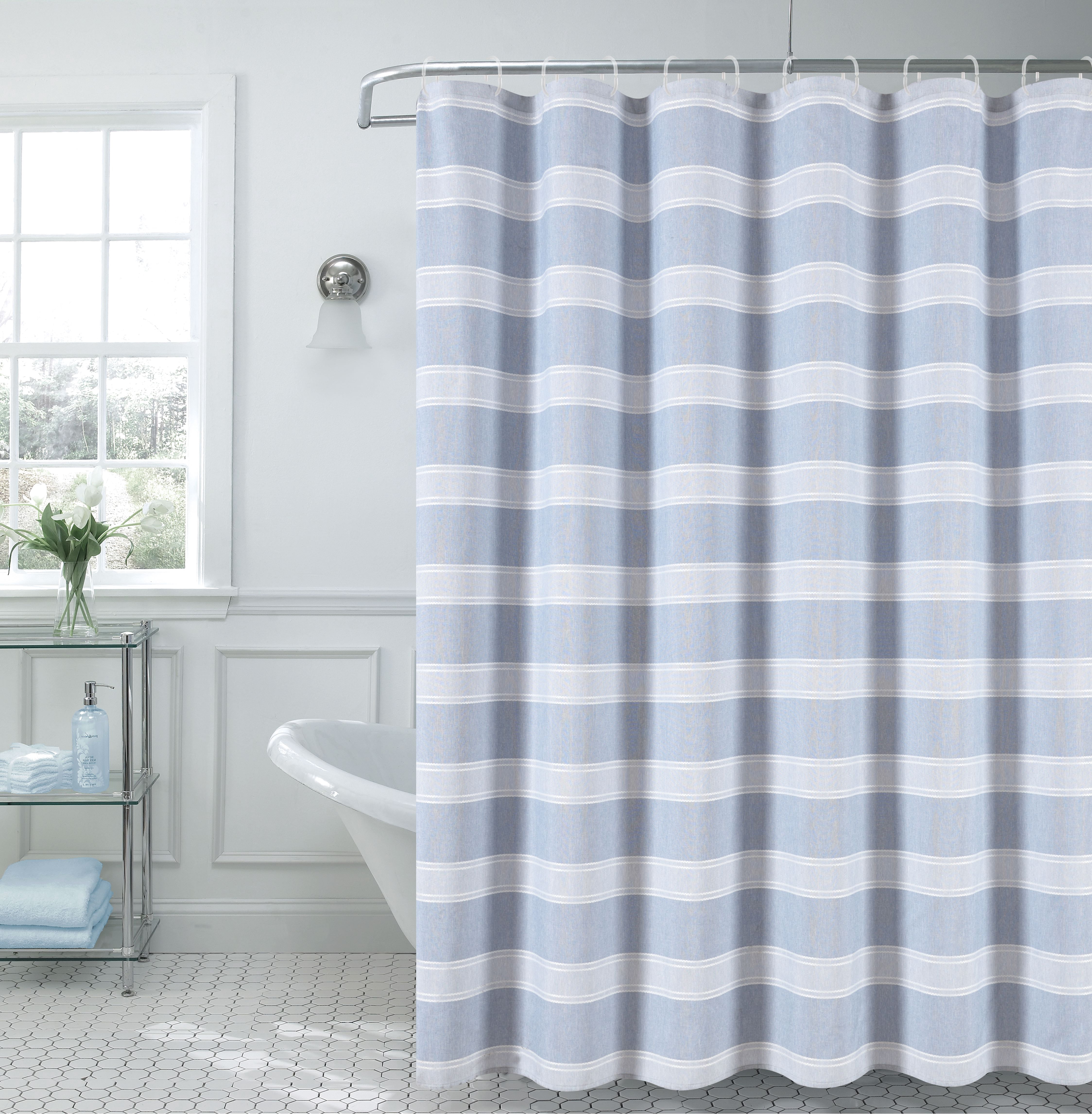 Dainty Home Madison Striped Textured Embossed Weaved Striped Cotton Feel Designed Fabric Shower Curtain 70"W x 72"L in Blue