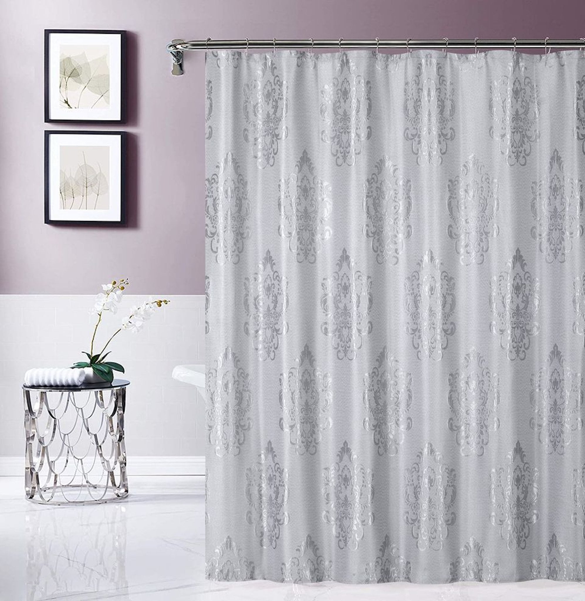 Silver Satin Embroidered Damask Shower Curtain with Liner