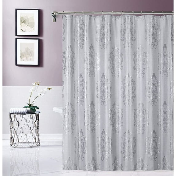 Dainty Home Majestic Satin Embroidered Damask Design 70" x 72" Shower Curtain in Silver