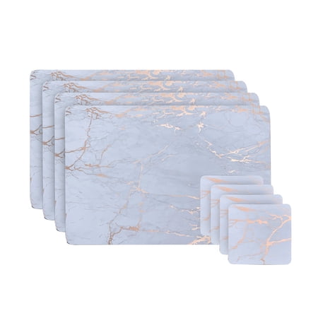 Dainty Home Marble Cork Table Set With 4 Foil Printed Marble Granite Designed Thick Cork Textured 12" x 18" Rectangular Placemats and 4 Square Coasters 4" x 4" in Rose Gold