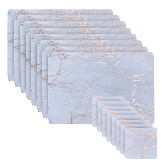 Dainty Home Marble Cork Table Set With 8 Foil Printed Marble Granite Designed Thick Cork Textured 12" x 18" Rectangular Placemats and 8 Square Coasters 4" x 4" in Rose Gold