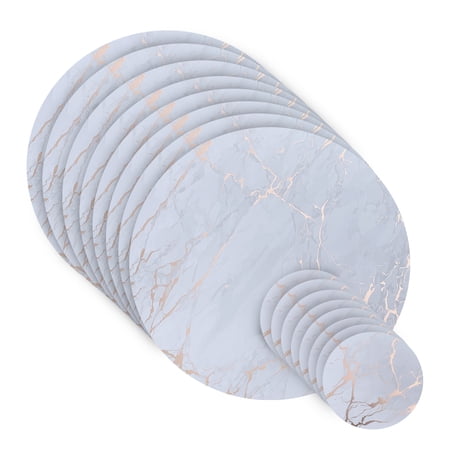 Dainty Home Marble Cork Table Set With 8 Foil Printed Marble Granite Designed Thick Cork Textured 15" x 15" Round Placemats and 8 Round Coasters 4" x 4" in Rose Gold