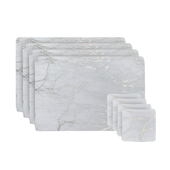 Dainty Home Marble Cork Table Set With 4 Foil Printed Marble Granite Designed Thick Cork Textured 12" x 18" Rectangular Placemats and 4 Square Coasters 4" x 4" in Silver