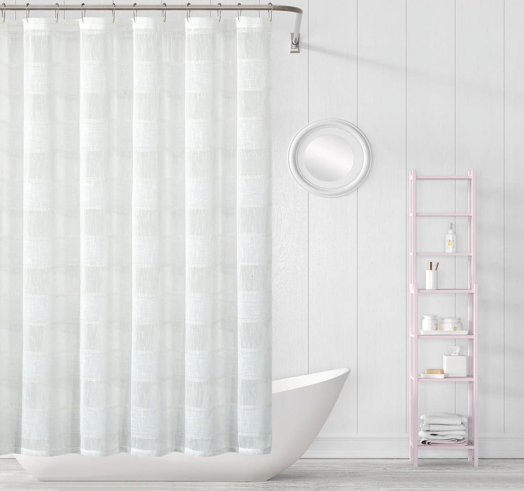 White Faux Linen Striped Fabric Shower Curtain with Liner