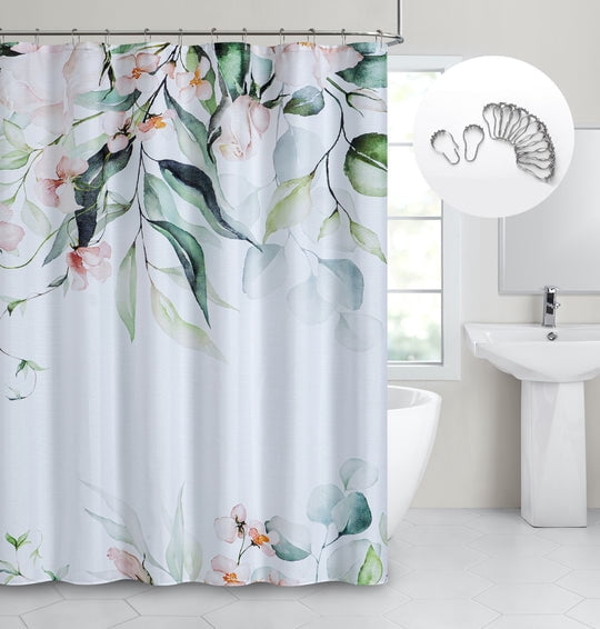 Dainty Home Multicolor Floral Fabric Shower Curtain with 12 Metal Rollerball Hooks – 3D Textured Design, Water-Repellent, Machine-Washable Bathroom Curtain, 70" x 72"