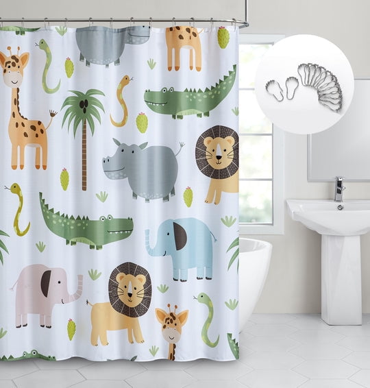 Dainty Home Multicolor Safari Animal Fabric Shower Curtain with 12 Metal Rollerball Hooks – 3D Textured Design, Water-Repellent, Machine-Washable Bathroom Curtain, 70" x 72"