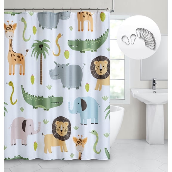Dainty Home Multicolor Safari Animal Fabric Shower Curtain with 12 Metal Rollerball Hooks – 3D Textured Design, Water-Repellent, Machine-Washable Bathroom Curtain, 70" x 72"