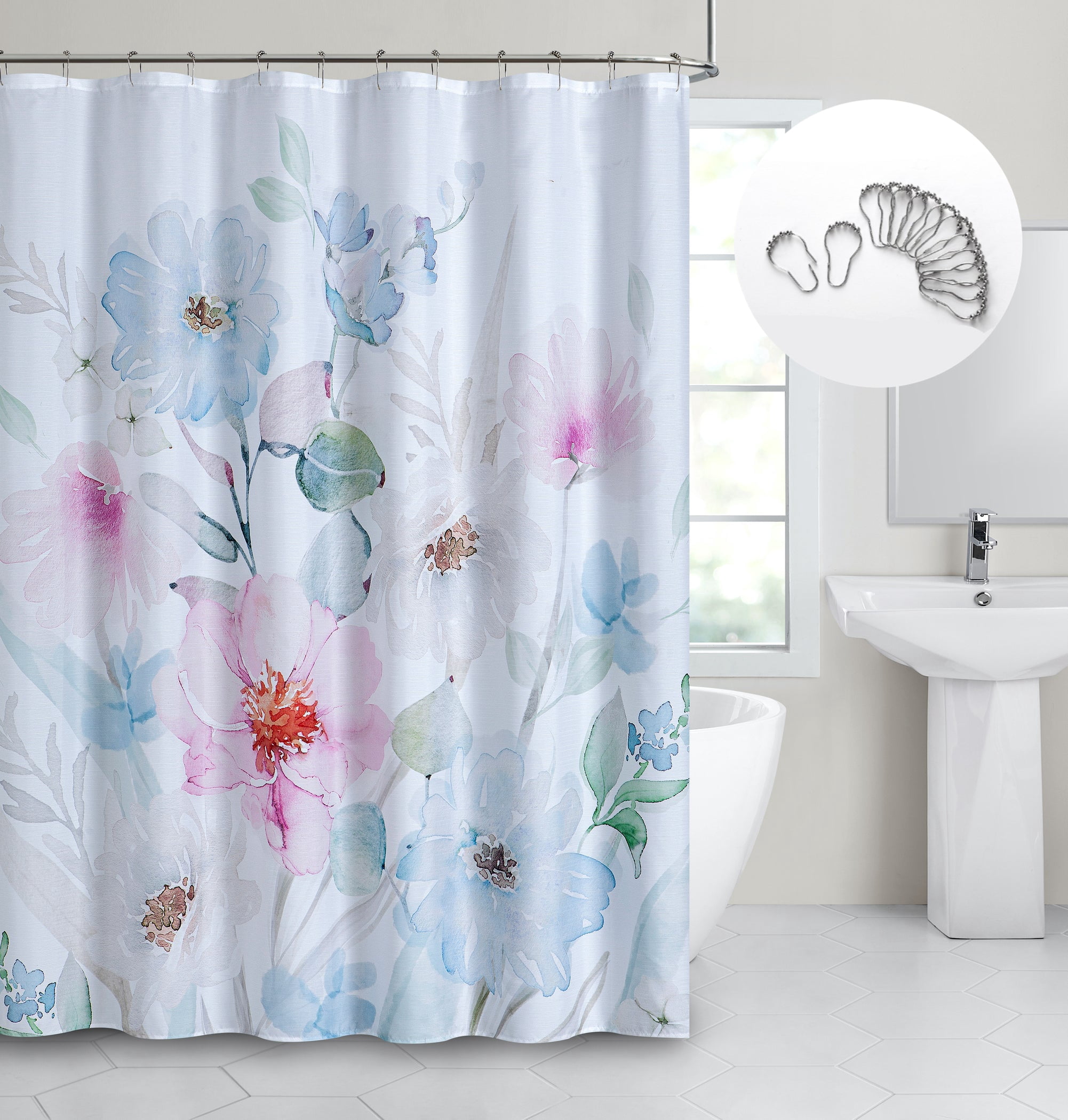 Dainty Home Multicolor Spring Bloom Floral Fabric Shower Curtain with 12 Metal Rollerball Hooks – 3D Textured Design, Water-Repellent, Machine-Washable Bathroom Curtain, 70" x 72"