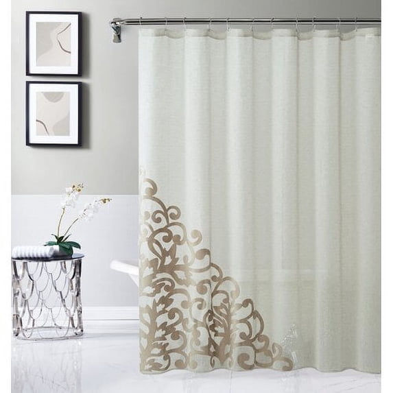 Dainty Home Natalie Linen Shower Curtain Linen Look With Velvet Scroll Designed Appliqué 70" x 72"