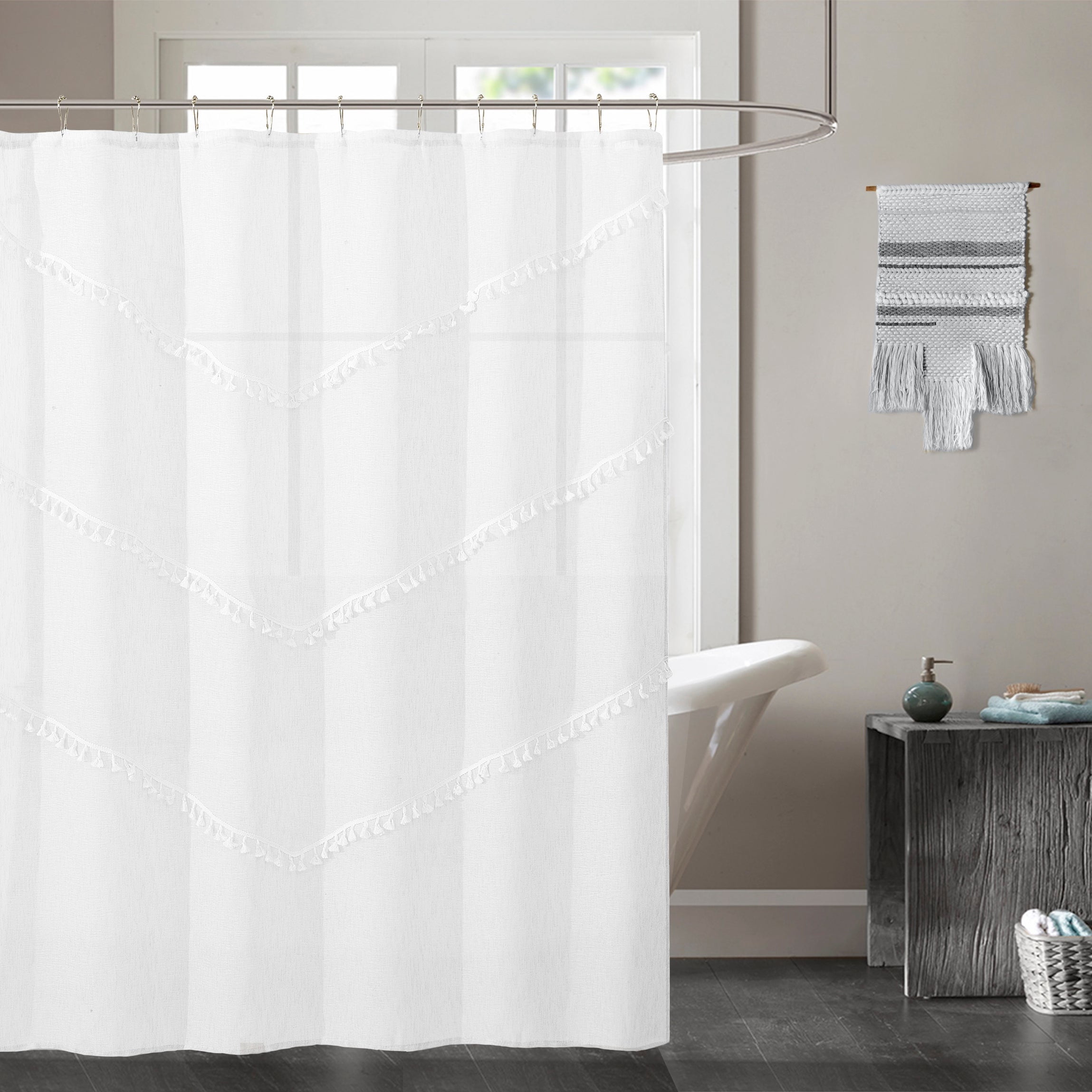 Dainty Home Natural Tassels 3D Tassels Design Linen Look 70" x 72" Shower Curtain in White
