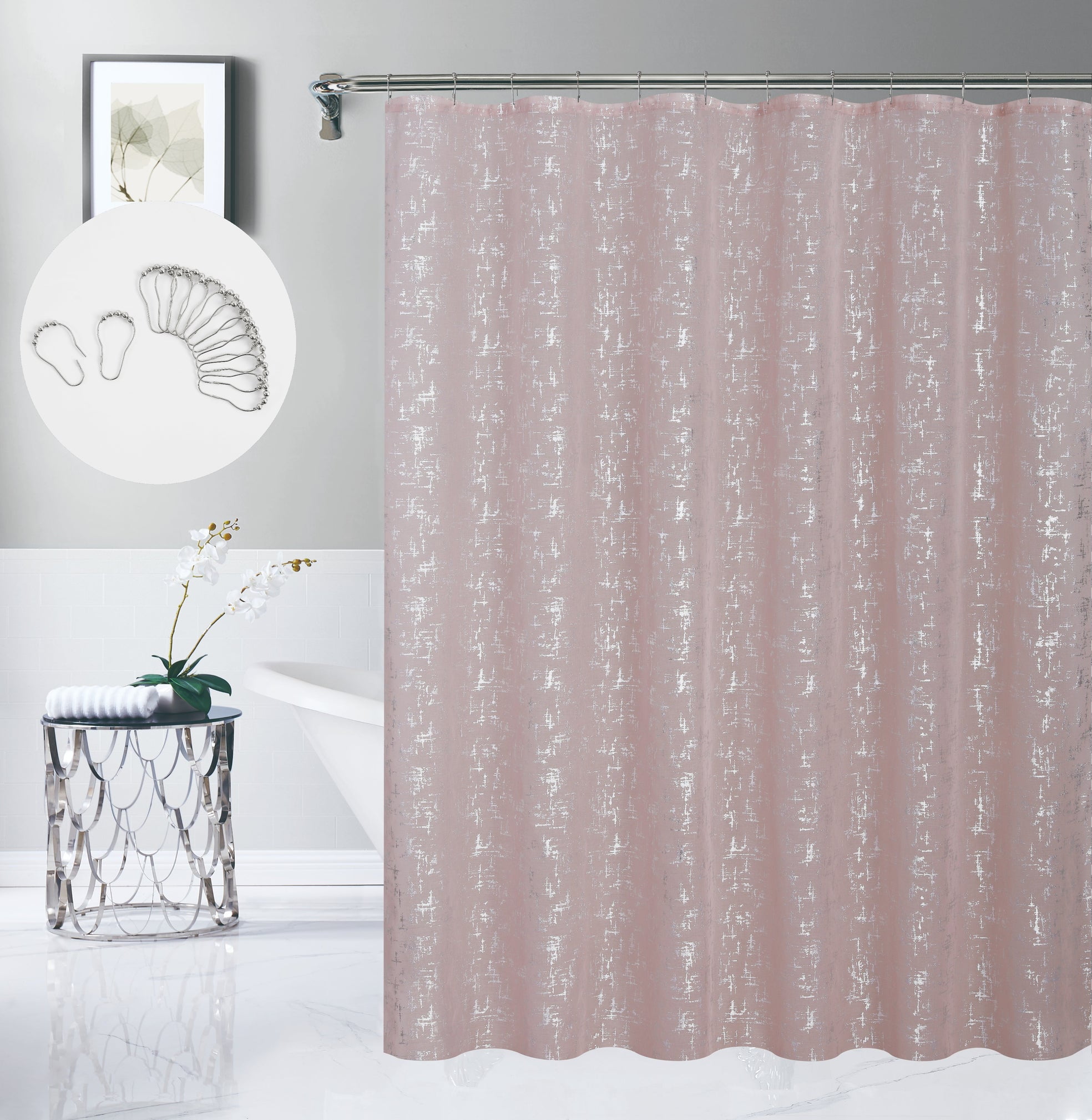 Dainty Home Premium Linen Textured Blush Shower Curtain Set with 12 Hooks, Silver Metallic Abstract Printed Fabric Bathroom Curtain