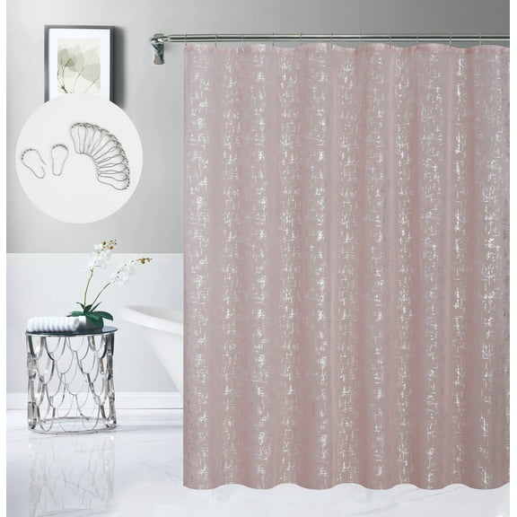 Dainty Home Premium Linen Textured Blush Shower Curtain Set with 12 Hooks, Silver Metallic Abstract Printed Fabric Bathroom Curtain
