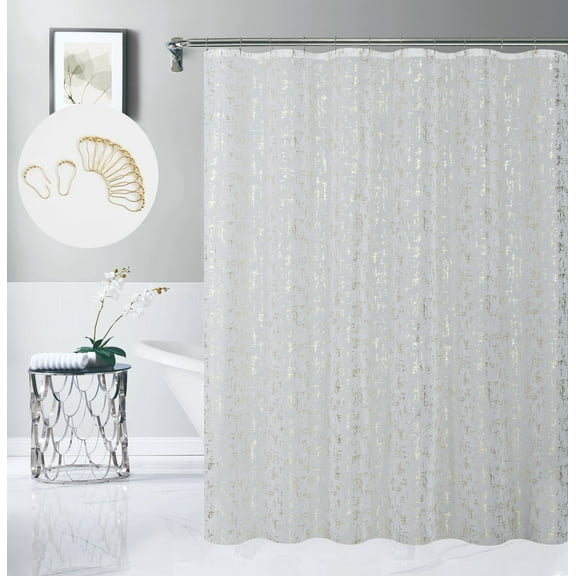 Dainty Home Premium Linen Textured Shower Curtain Set with 12 Hooks, Gold Metallic Abstract Printed Fabric Bathroom Curtain