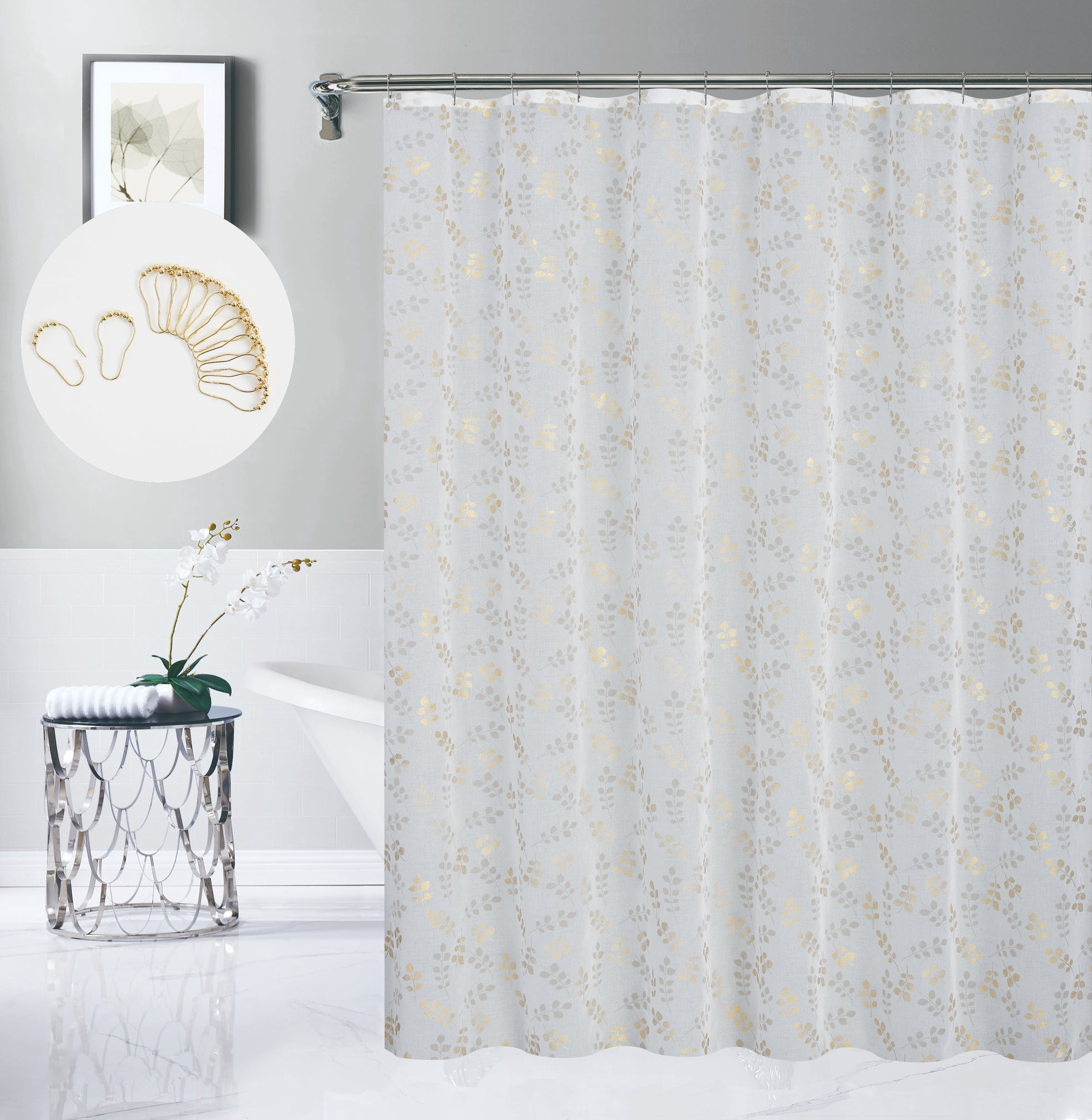 Dainty Home Premium Linen Textured Shower Curtain Set with 12 Hooks, Gold Metallic Floral Printed Fabric Bathroom Curtain