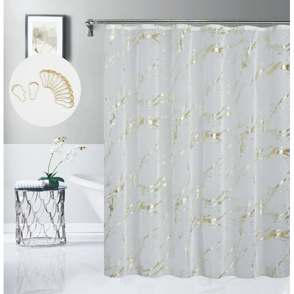 Dainty Home Premium Linen Textured Shower Curtain Set with 12 Hooks, Gold Metallic Marble Printed Fabric Bathroom Curtain