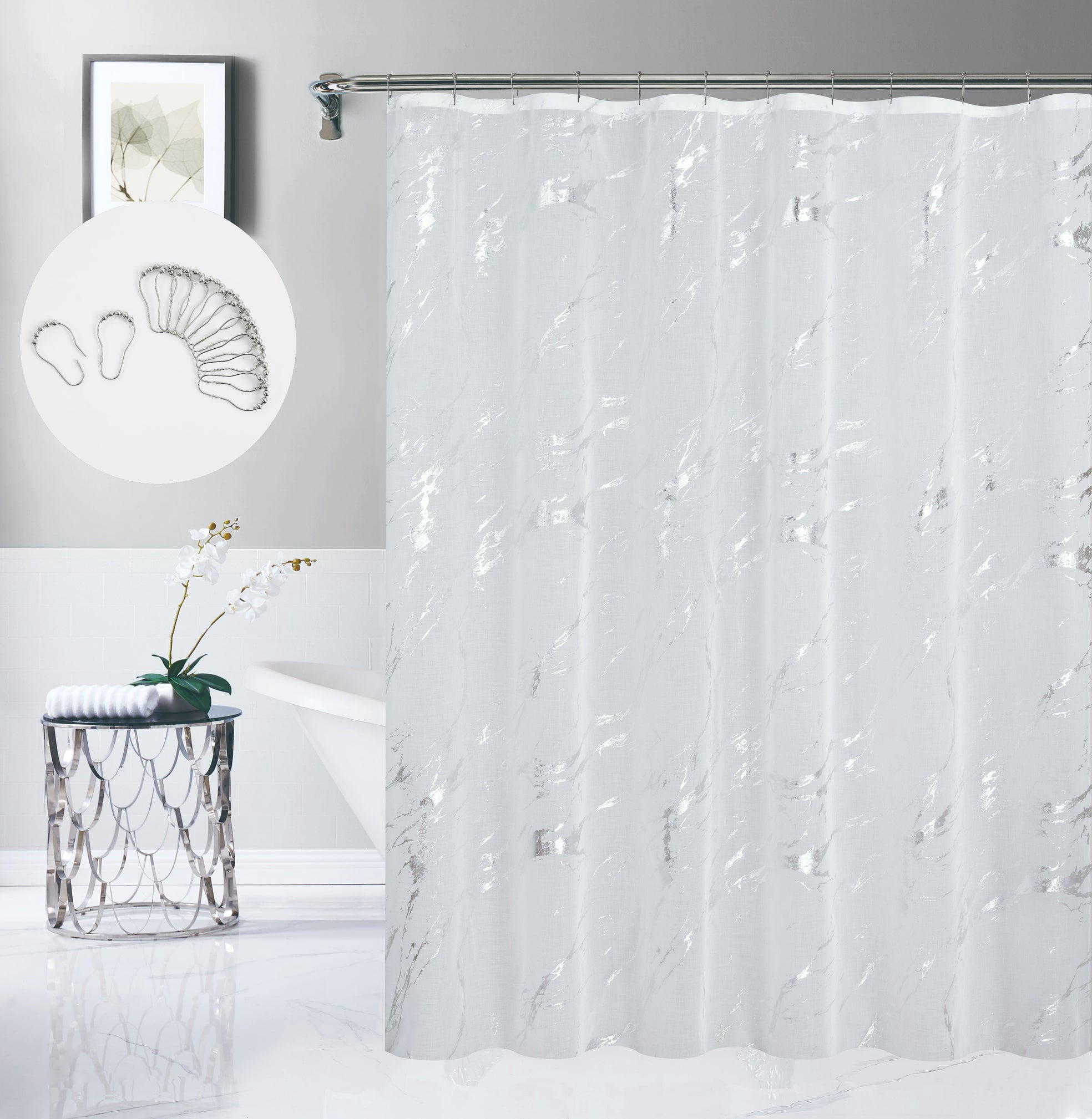 Dainty Home Premium Linen Textured Shower Curtain Set with 12 Hooks, Silver Metallic Marble Printed Fabric Bathroom Curtain