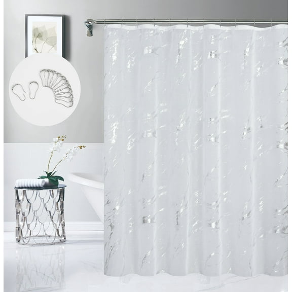 Dainty Home Premium Linen Textured Shower Curtain Set with 12 Hooks, Silver Metallic Marble Printed Fabric Bathroom Curtain