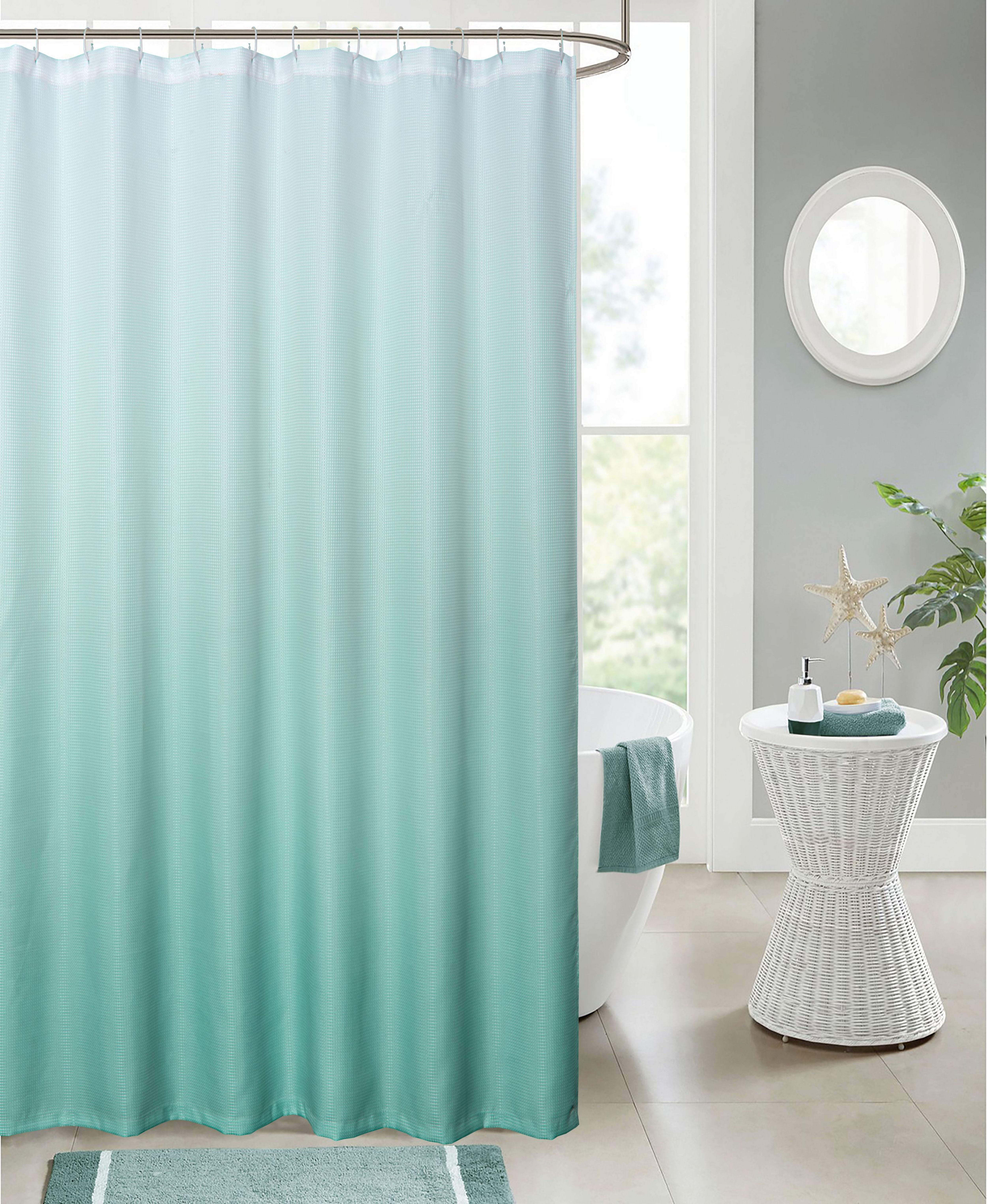 Seafoam Ombre Textured Waffle Weave Polyester Shower Curtain