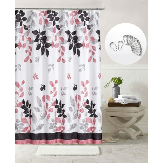 Dainty Home Printed Waffle 3D Textured Waffle Weave Textured Leaves Designed Fabric Shower Curtain with 12 Roller Ball Hooks included 70" x 72" in Black/Pink
