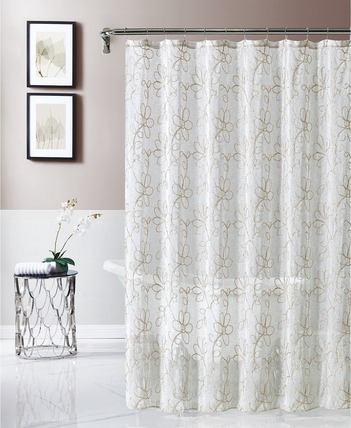 Dainty Home Rita 3D Floral Chenille Embroidered Solid Sheer Linen Look 70 x 72 Shower Curtain In Linen