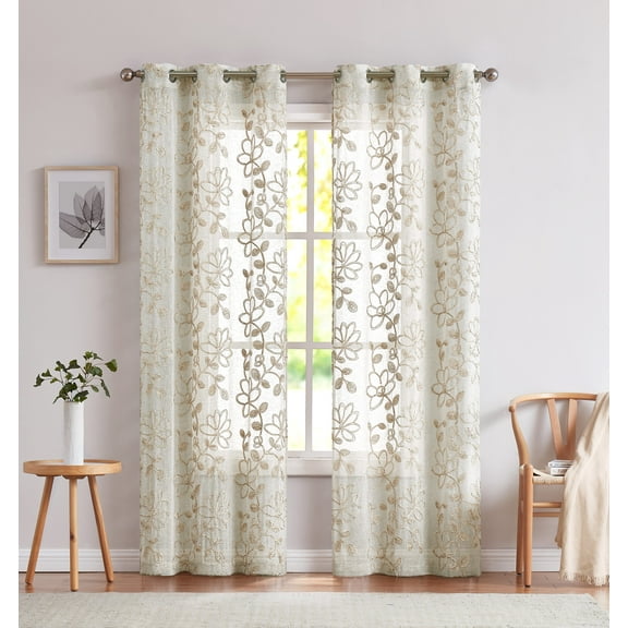 Dainty Home Rita 3D Floral Chenille Embroidered Solid Sheer Linen Look 76" x 84" Window Curtain Panel Pair in Linen