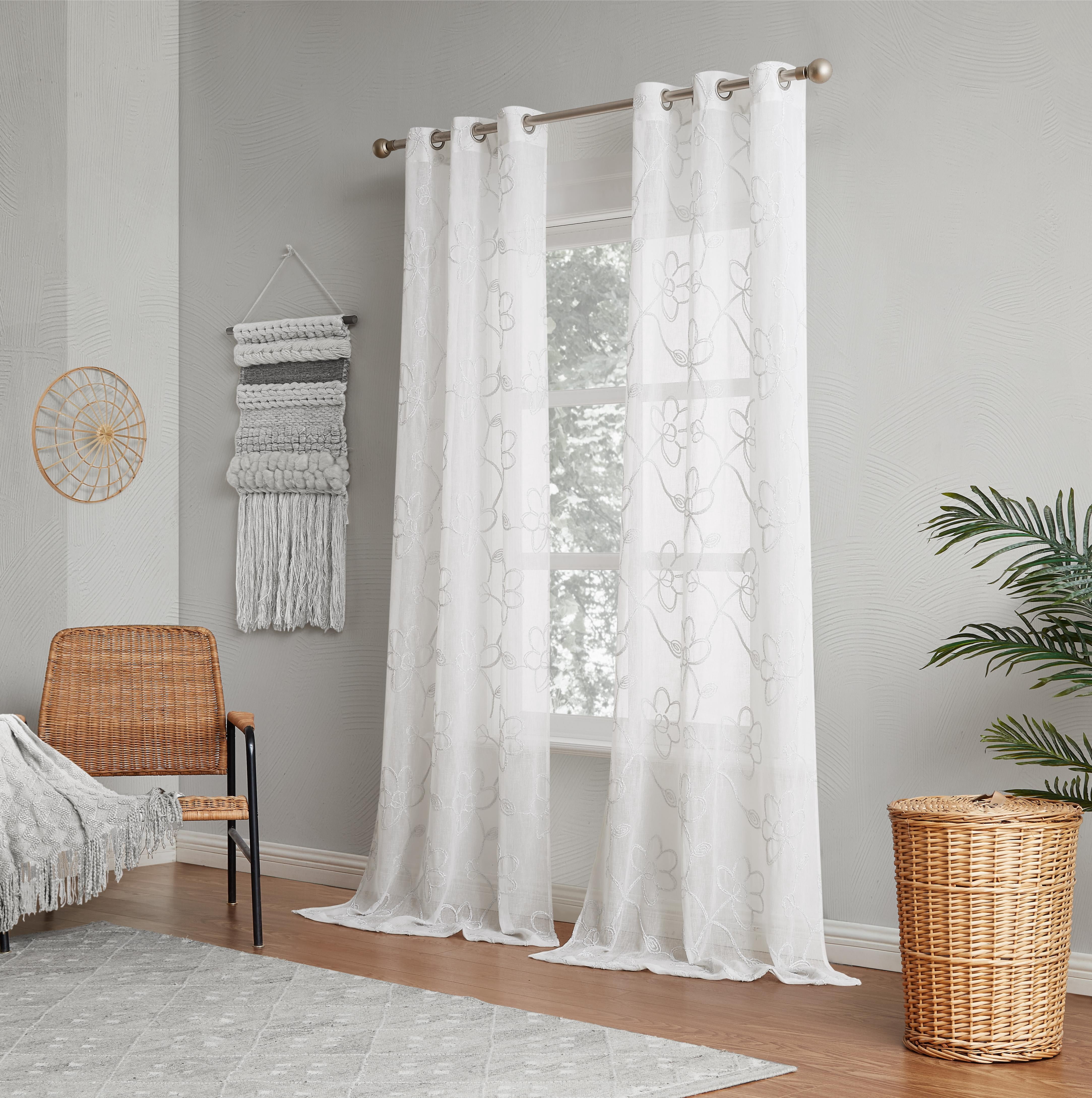 Dainty Home Rita 3D Floral Chenille Embroidered Solid Sheer Linen Look 76" x 84" Window Curtain Panel Pair in White With Shimmer
