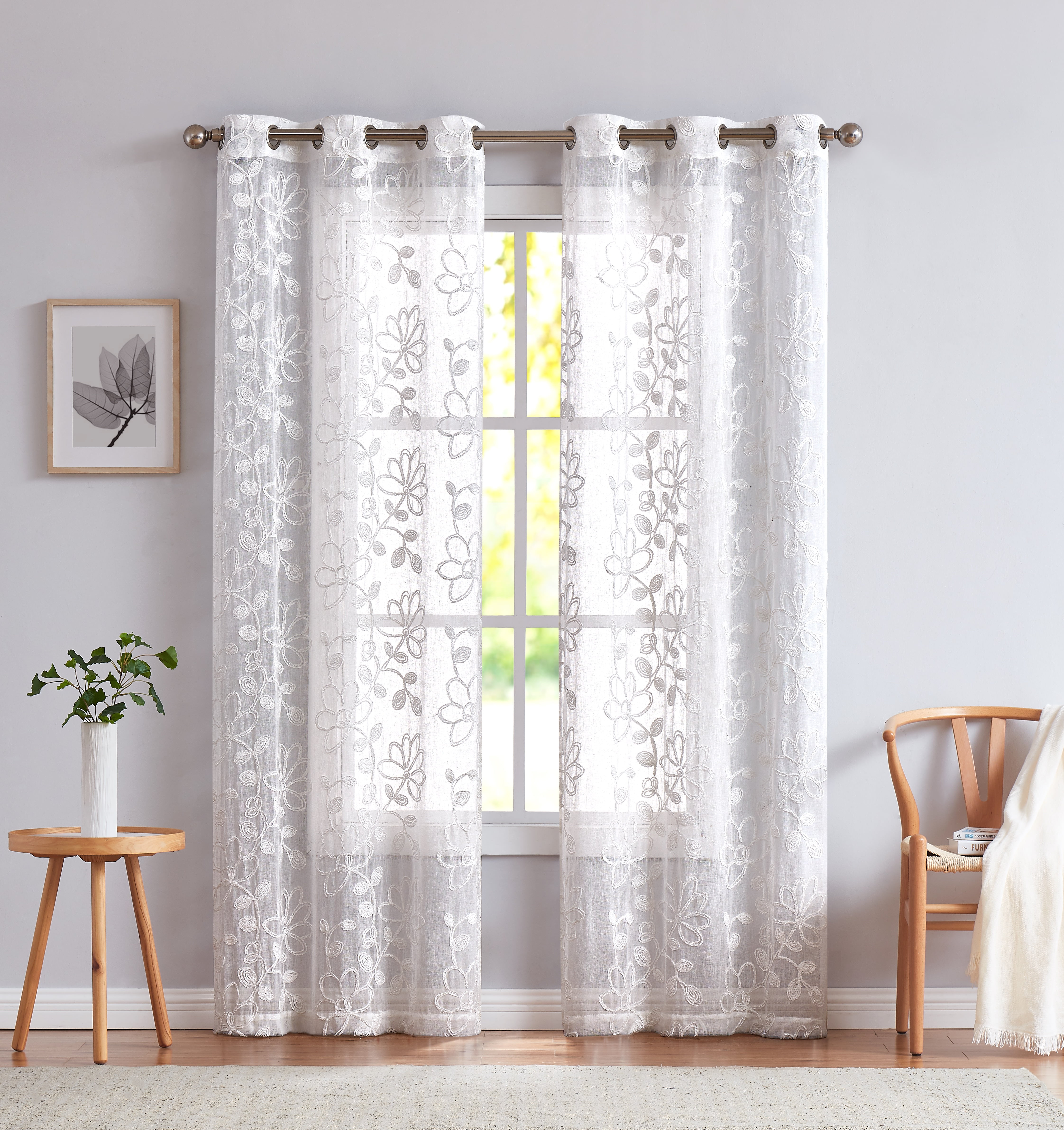 Dainty Home Rita 3D Floral Chenille Embroidered Solid Sheer Linen Look 76" x 84" Window Curtain Panel Pair in White