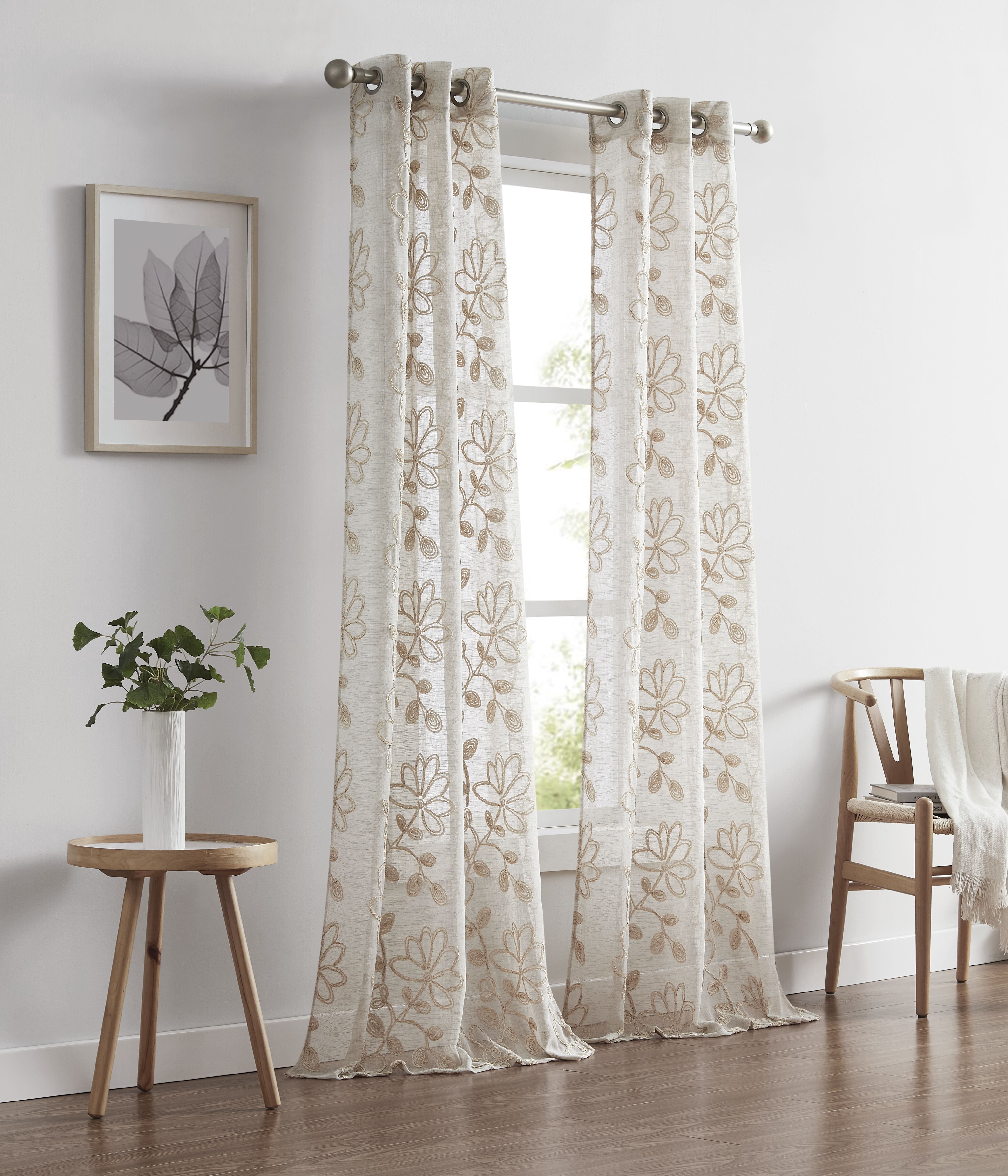 Dainty Home Rita 3D Floral Chenille Embroidered Solid Sheer Linen Look 76" x 96" Window Curtain Panel Pair in Linen