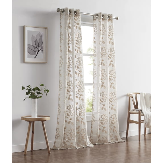 Dainty Home Rita 3D Floral Chenille Embroidered Solid Sheer Linen Look 76" x 96" Window Curtain Panel Pair in Linen