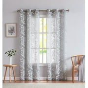 Dainty Home Rita 3D Floral Chenille Embroidered Solid Sheer Linen Look 76" x 96" Window Curtain Panel Pair in Silver