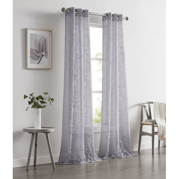 Dainty Home Rita 3D Floral Chenille Embroidered Solid Sheer Linen Look 76" x 96" Window Curtain Panel Pair in Silver