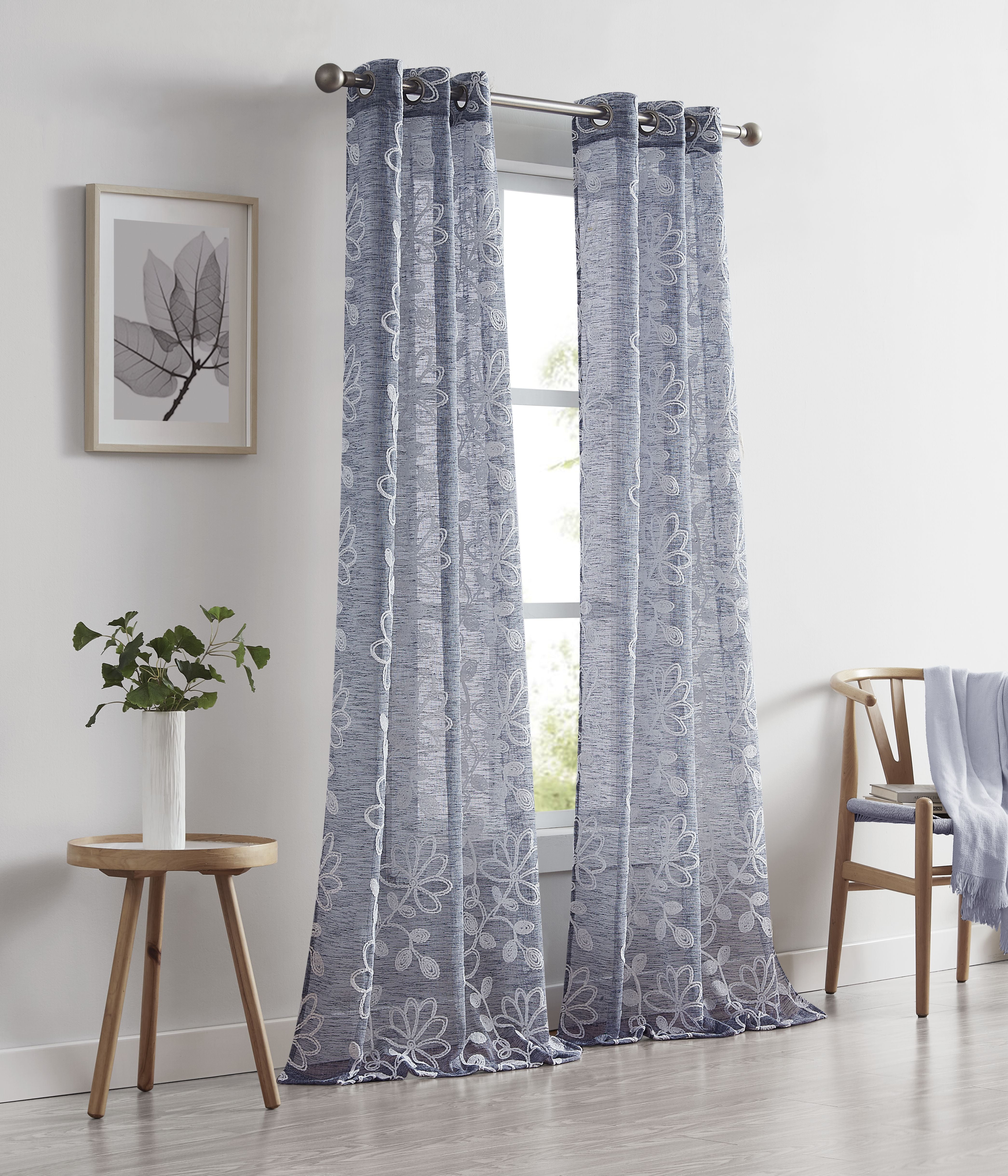 Blue Linen Floral Embroidered Sheer Grommet Curtains, 96"