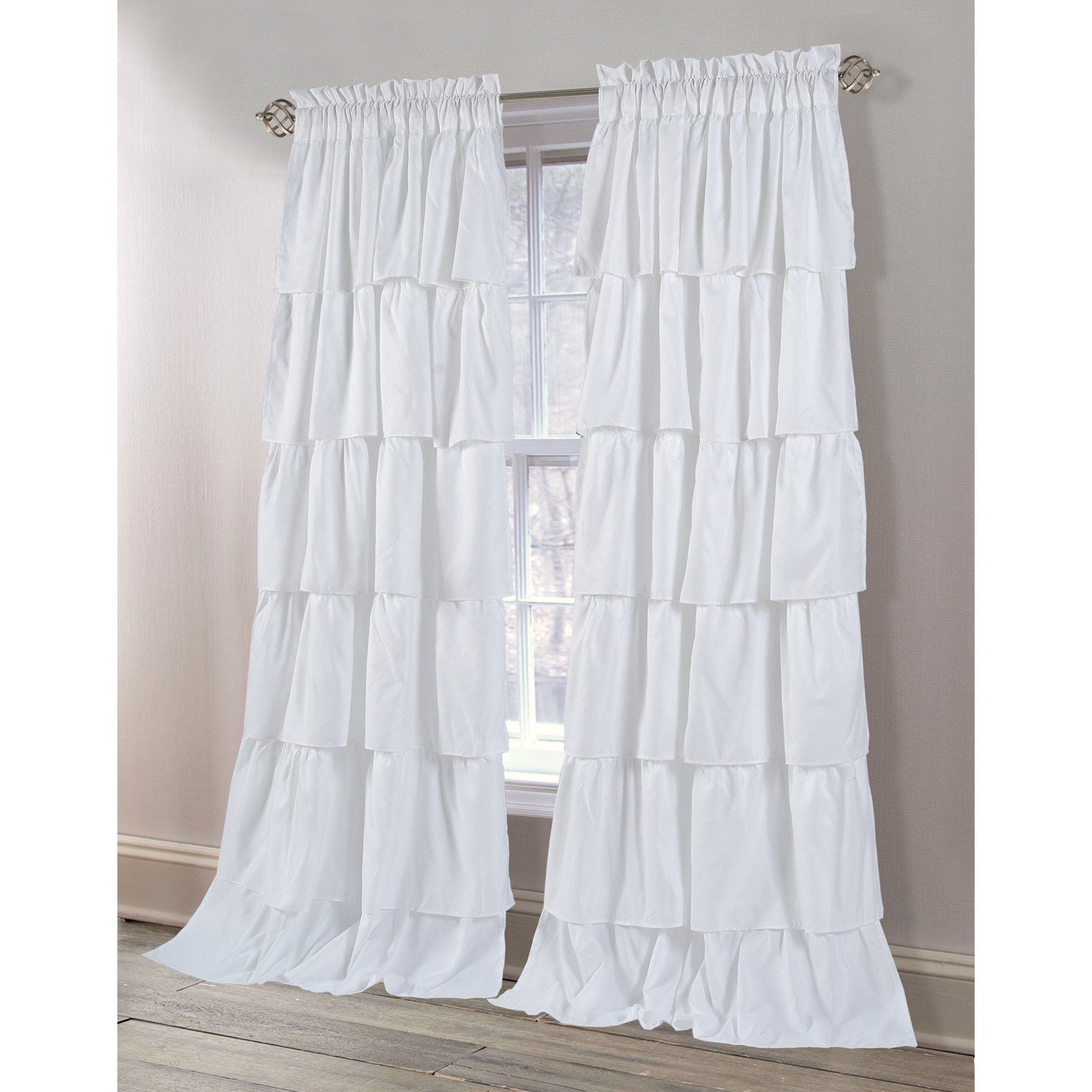 White Sheer Pleated Rod Pocket Ruffled Curtain Panels, 84" x 40"