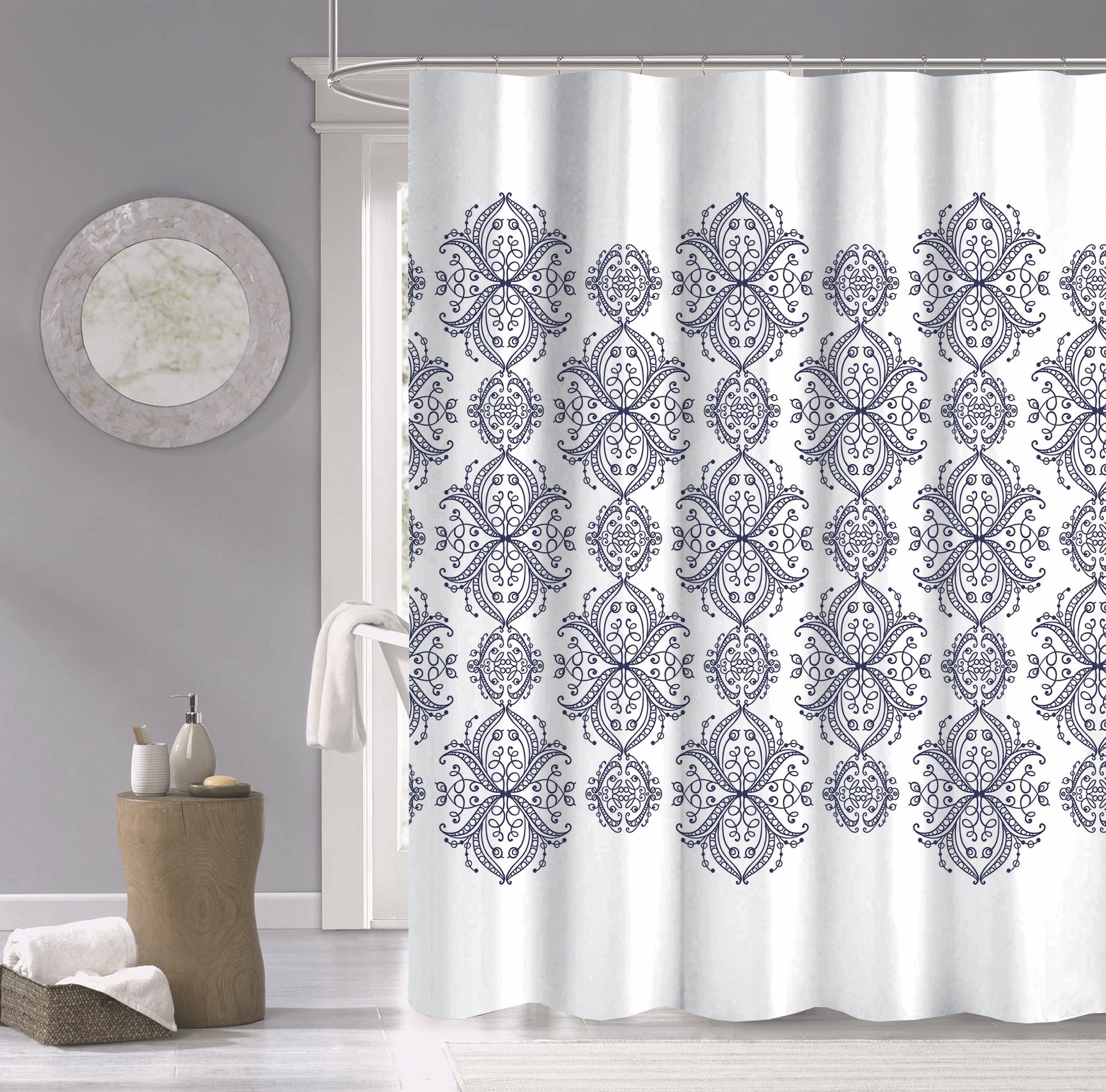 Dainty Home Royale Navy 100% Cotton Damask Design Shower Curtain 70" x 72"