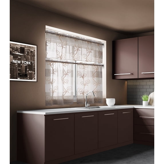 Dainty Home Silvia Linen Look Boho Ombre Gradient Light Filtering Fabric With 3D Floral Chenille Embroidered Textured Kitchen Curtain Set of 3, 1 Valance 52" x 18" and 2 Tiers 26" x 36" Each in Linen
