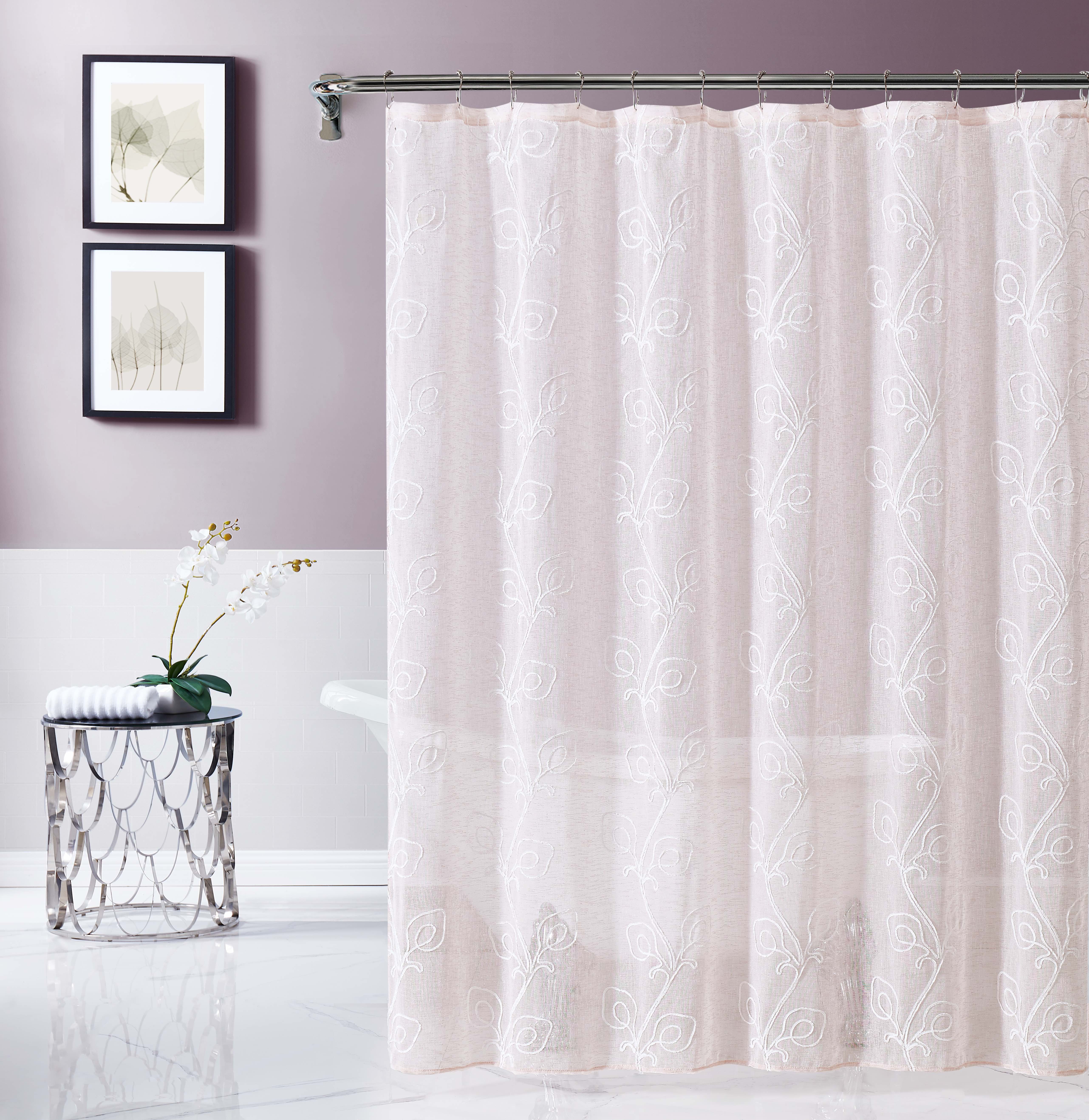 Blush Floral Embroidered Faux Linen Shower Curtain
