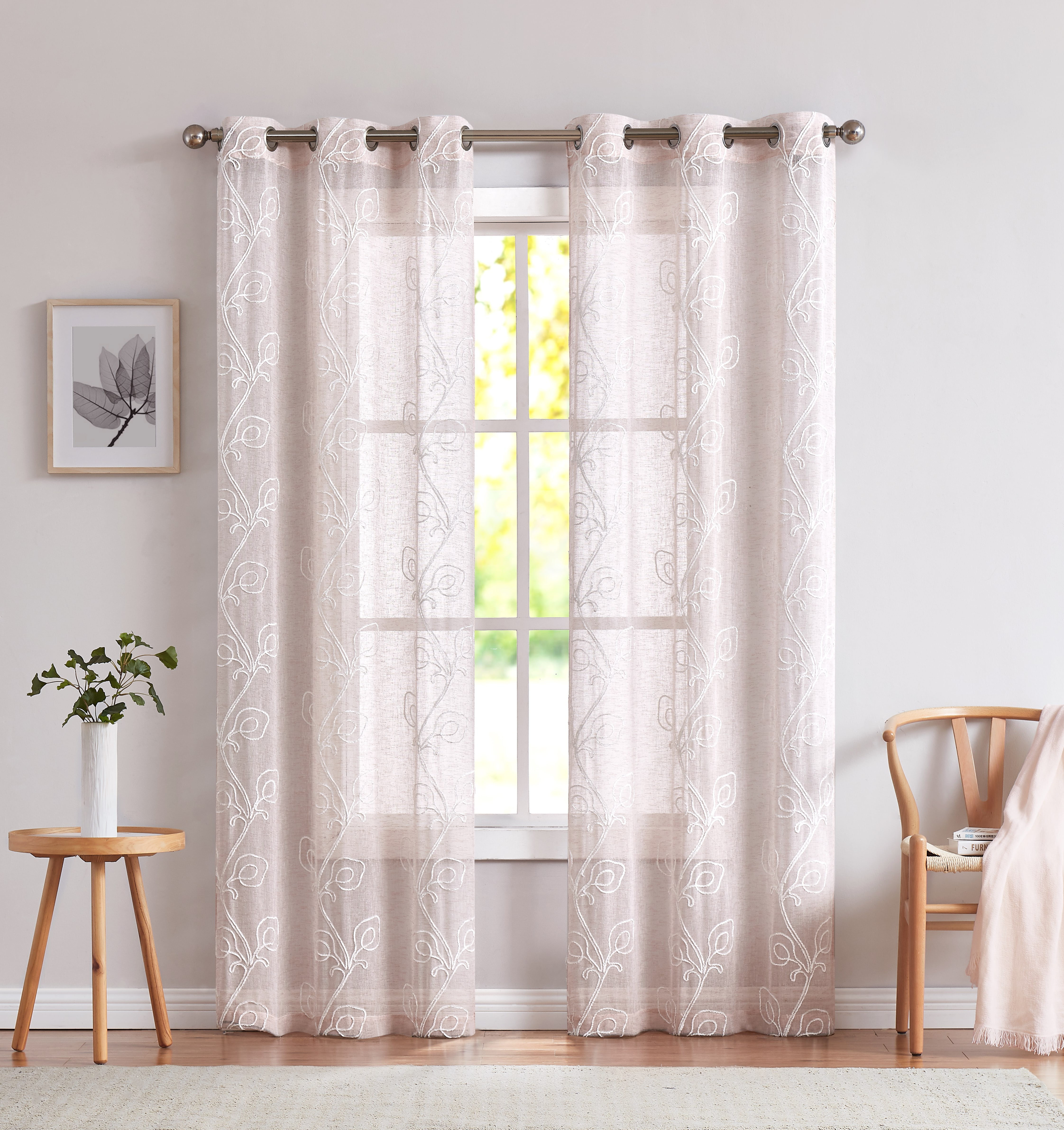 Dainty Home Stella 3D Floral Chenille Embroidered Solid Sheer 76" x 84" Window Curtain Panel Pair in Blush