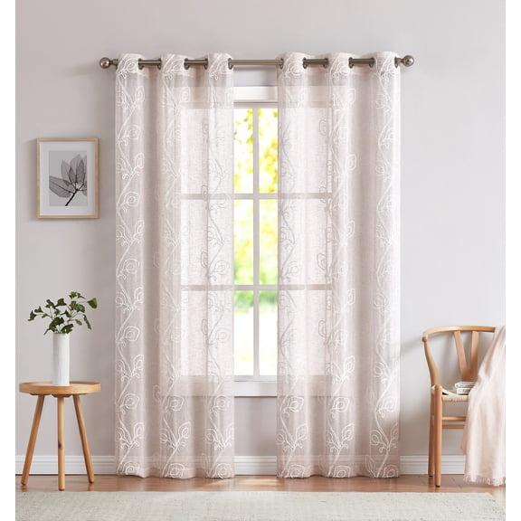 Dainty Home Stella 3D Floral Chenille Embroidered Solid Sheer 76" x 84" Window Curtain Panel Pair in Blush