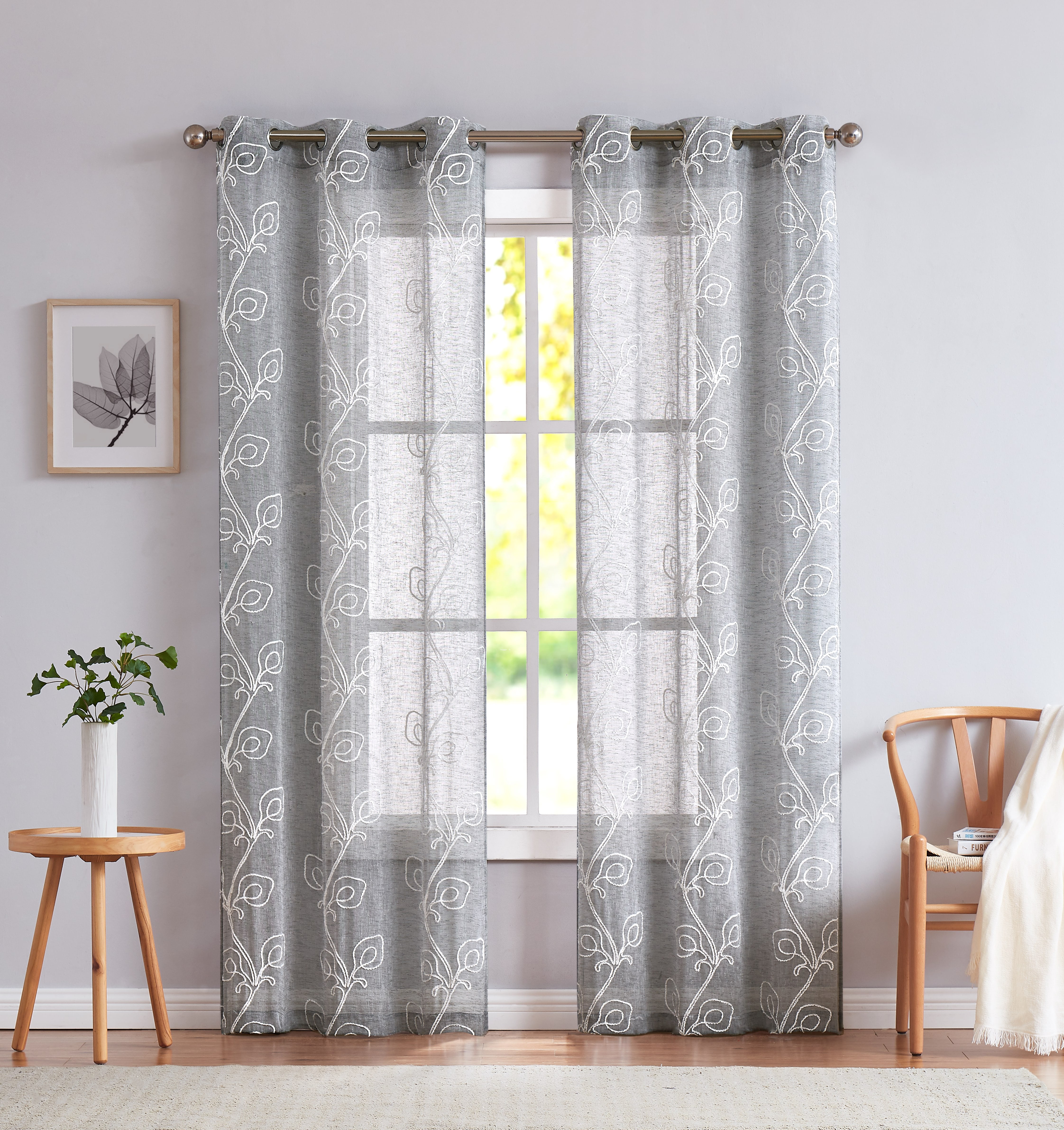 Dainty Home Stella 3D Floral Chenille Embroidered Solid Sheer 76" x 84" Window Curtain Panel Pair in Grey