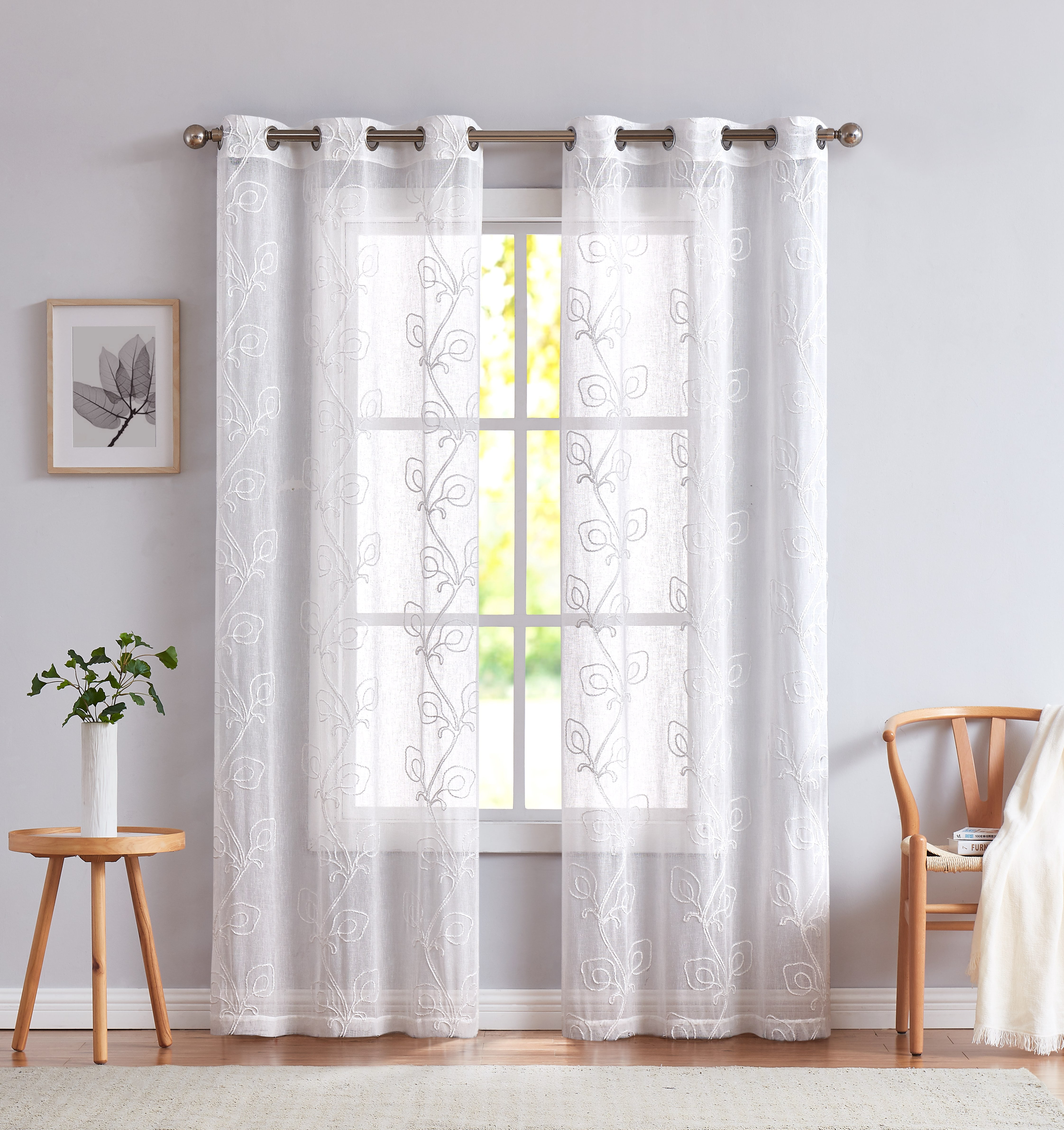 Dainty Home Stella 3D Floral Chenille Embroidered Solid Sheer 76" x 84" Window Curtain Panel Pair in White
