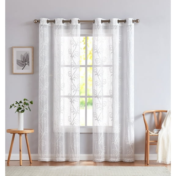 Dainty Home Stella 3D Floral Chenille Embroidered Solid Sheer 76" x 84" Window Curtain Panel Pair in White