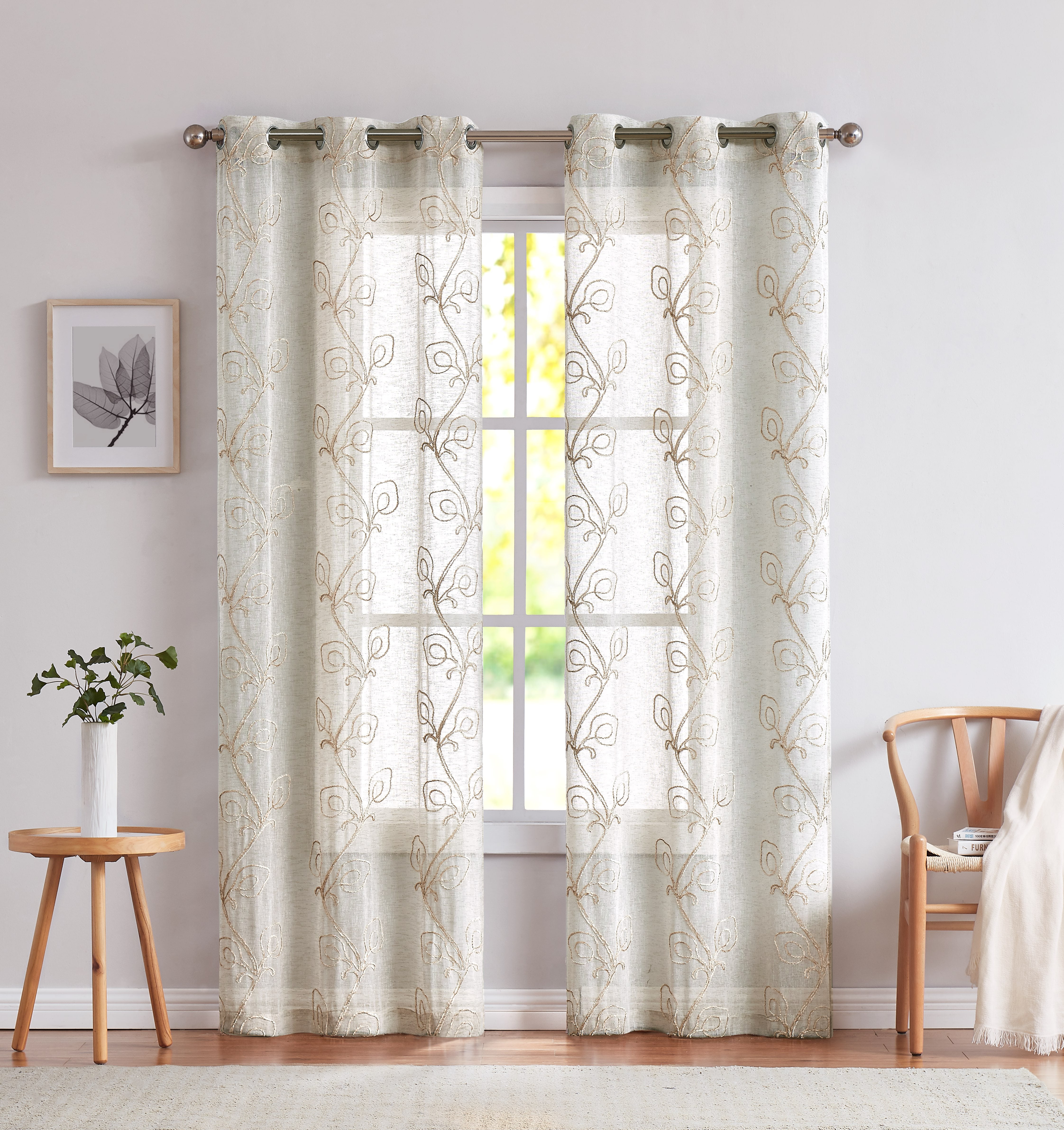 Dainty Home Stella 3D Floral Chenille Embroidered Solid Sheer 76" x 96" Window Curtain Panel Pair in Linen