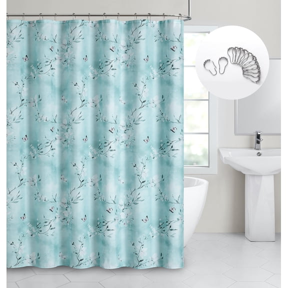Dainty Home Teal Cascading Floral Fabric Shower Curtain with 12 Metal Rollerball Hooks – 3D Textured Design, Water-Repellent, Machine-Washable Bathroom Curtain, 70" x 72"