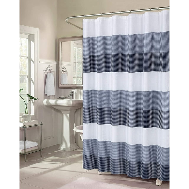 Dainty Home Textured Waffle Weave Ombre Stripe Fabric Shower Curtain, 70x72 In, Navy
