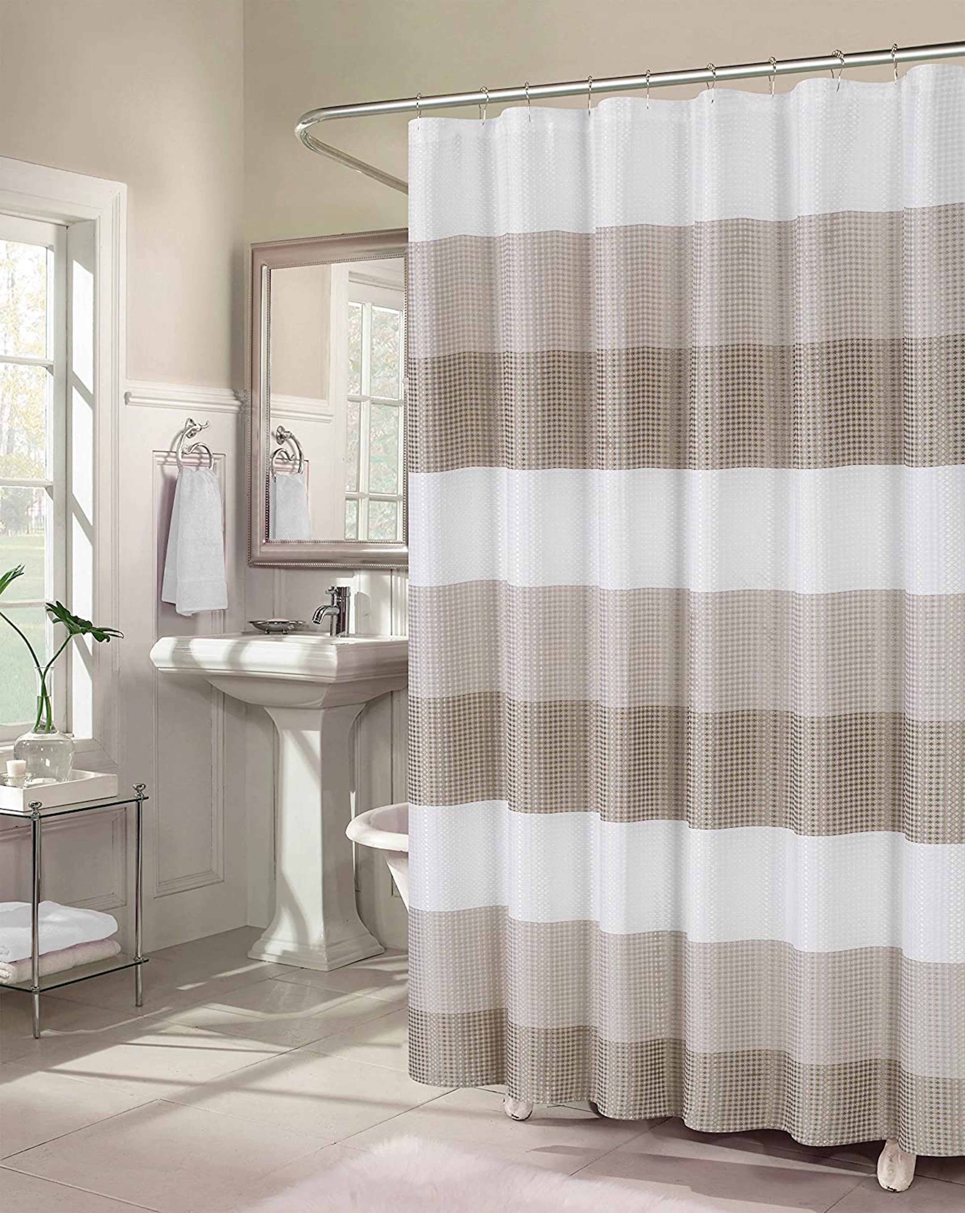 Taupe and White Waffle Weave Fabric Shower Curtain, 70" x 72"