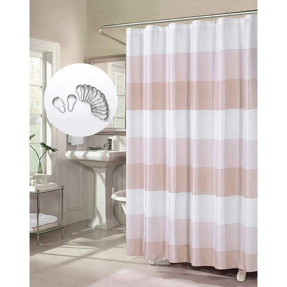 Dainty Home Waffle Weave Ombre Stripe Shower Curtain With 12 Hooks, 70 x 72 In Blush
