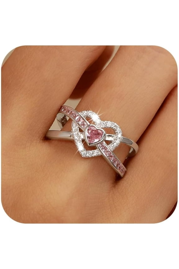 Dainty Infinity Heart Promise Ring for Women 925 Sterling Silver Pink Love CZ Birthstone Cute Ring for Wife Eternity Wedding Engagement Band Rings Jewelry Birthday Gift to Daughter Mother