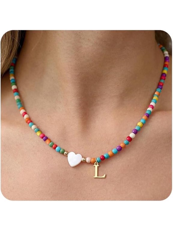 Dainty Initial Necklaces for Women Colorful Beaded Necklaces Handmade Personalized A-Z Gifts with Heart Shaped Shells Jewelry Gift